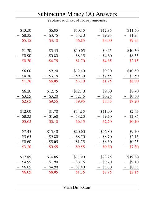 The Subtracting U.S. Money to $10 -- Increments of 5 Cents (All) Math Worksheet Page 2