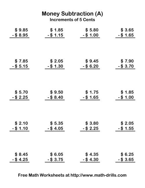 The Subtracting U.S. Money to $10 -- Increments of 5 Cents (Old) Math Worksheet