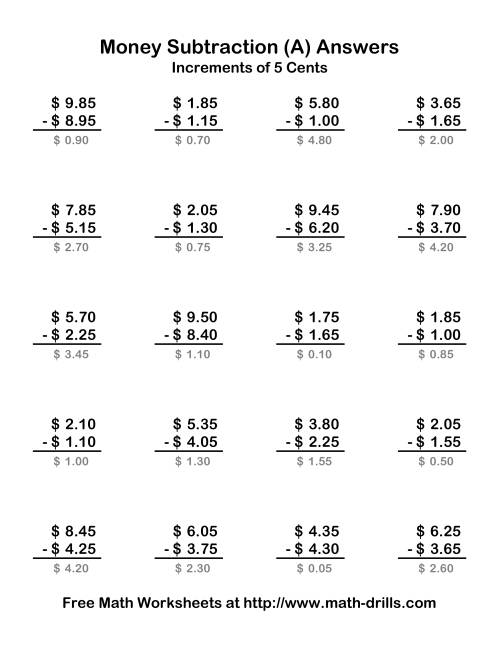 The Subtracting U.S. Money to $10 -- Increments of 5 Cents (Old) Math Worksheet Page 2