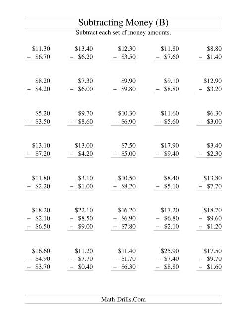 The Subtracting U.S. Money to $10 -- Increments of 10 Cents (B) Math Worksheet
