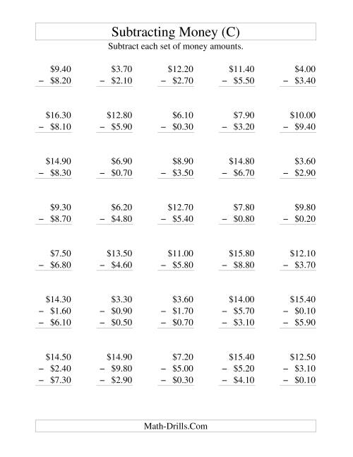 The Subtracting U.S. Money to $10 -- Increments of 10 Cents (C) Math Worksheet