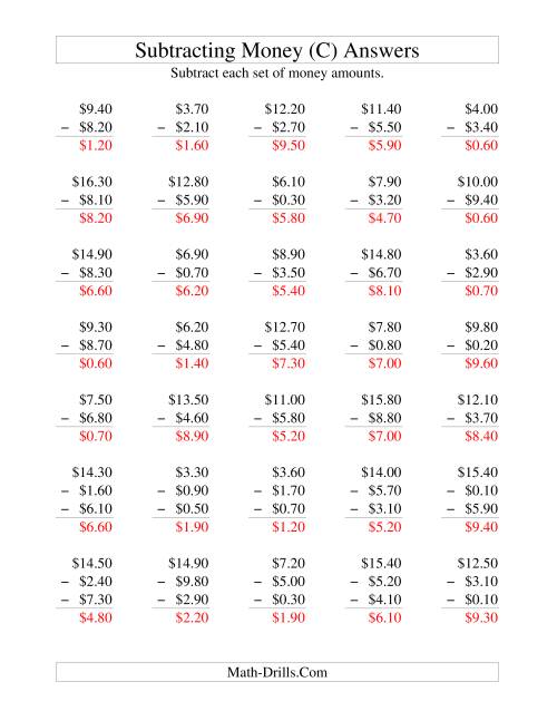 The Subtracting U.S. Money to $10 -- Increments of 10 Cents (C) Math Worksheet Page 2