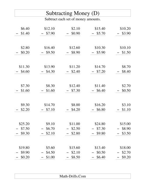 The Subtracting U.S. Money to $10 -- Increments of 10 Cents (D) Math Worksheet