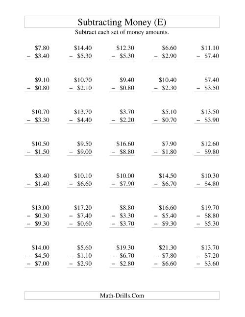 The Subtracting U.S. Money to $10 -- Increments of 10 Cents (E) Math Worksheet