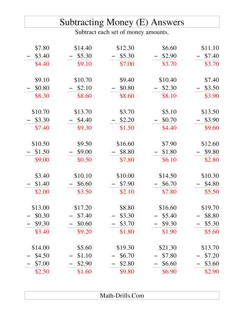 The Subtracting U.S. Money to $10 -- Increments of 10 Cents (E) Math Worksheet Page 2