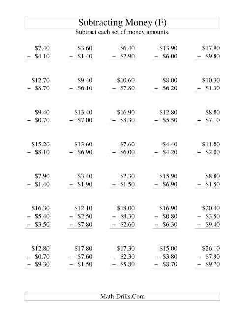The Subtracting U.S. Money to $10 -- Increments of 10 Cents (F) Math Worksheet