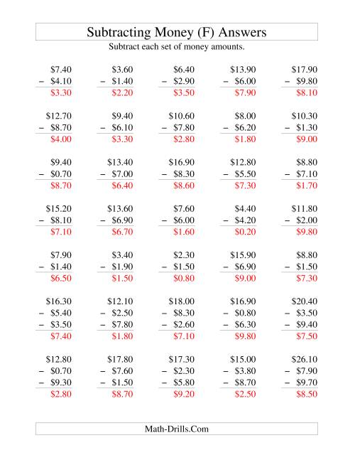 The Subtracting U.S. Money to $10 -- Increments of 10 Cents (F) Math Worksheet Page 2