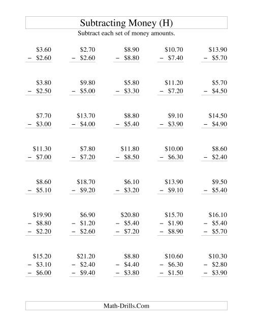 The Subtracting U.S. Money to $10 -- Increments of 10 Cents (H) Math Worksheet