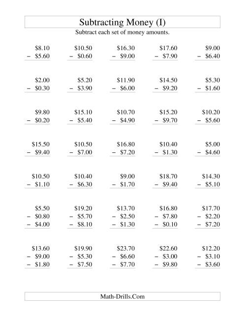 The Subtracting U.S. Money to $10 -- Increments of 10 Cents (I) Math Worksheet