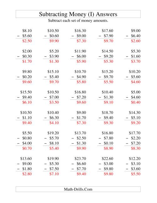 The Subtracting U.S. Money to $10 -- Increments of 10 Cents (I) Math Worksheet Page 2