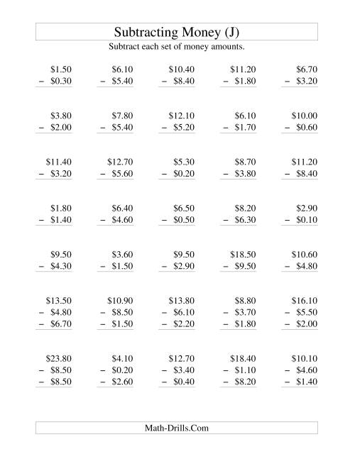 The Subtracting U.S. Money to $10 -- Increments of 10 Cents (J) Math Worksheet