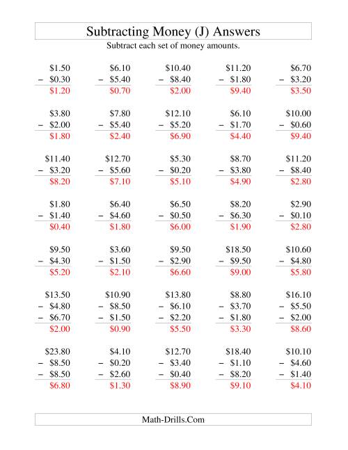 The Subtracting U.S. Money to $10 -- Increments of 10 Cents (J) Math Worksheet Page 2