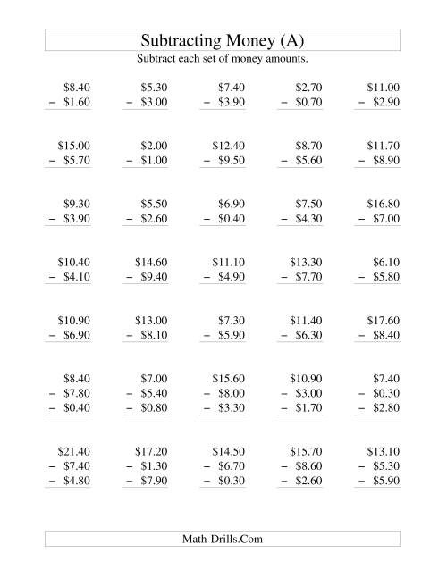 The Subtracting U.S. Money to $10 -- Increments of 10 Cents (All) Math Worksheet