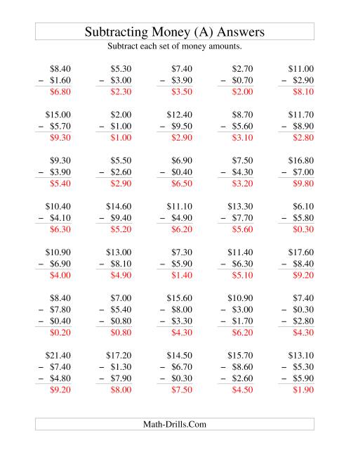The Subtracting U.S. Money to $10 -- Increments of 10 Cents (All) Math Worksheet Page 2