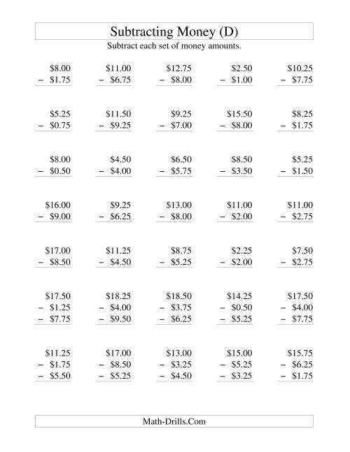 The Subtracting U.S. Money to $10 -- Increments of 25 Cents (D) Math Worksheet