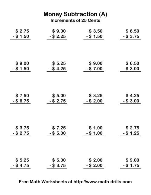 The Subtracting U.S. Money to $10 -- Increments of 25 Cents (Old) Math Worksheet