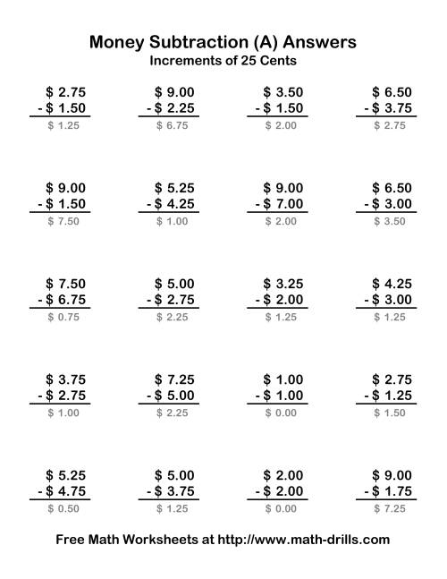 The Subtracting U.S. Money to $10 -- Increments of 25 Cents (Old) Math Worksheet Page 2