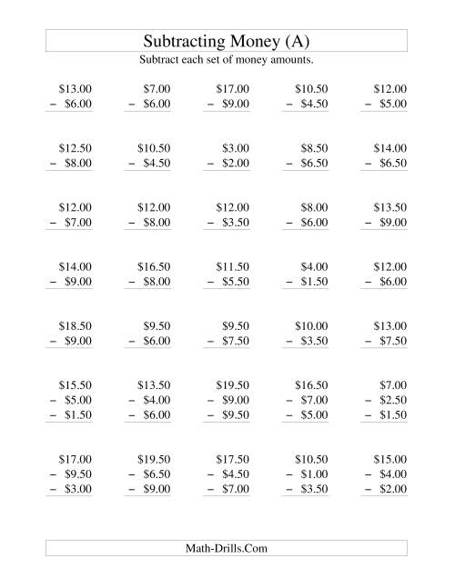 The Subtracting U.S. Money to $10 -- Increments of 50 Cents (A) Math Worksheet