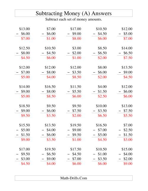 The Subtracting U.S. Money to $10 -- Increments of 50 Cents (A) Math Worksheet Page 2