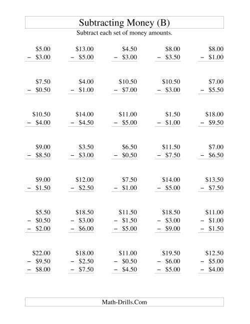 The Subtracting U.S. Money to $10 -- Increments of 50 Cents (B) Math Worksheet