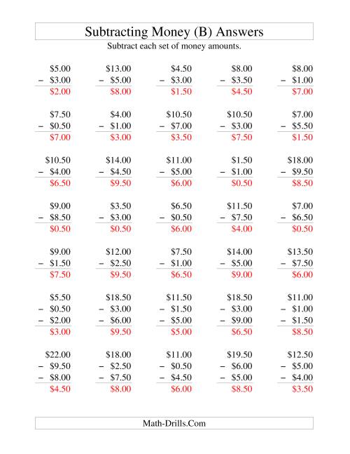 The Subtracting U.S. Money to $10 -- Increments of 50 Cents (B) Math Worksheet Page 2