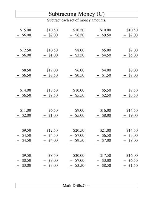 The Subtracting U.S. Money to $10 -- Increments of 50 Cents (C) Math Worksheet