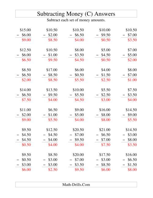 The Subtracting U.S. Money to $10 -- Increments of 50 Cents (C) Math Worksheet Page 2
