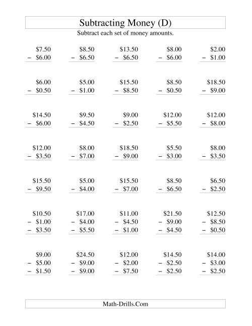 The Subtracting U.S. Money to $10 -- Increments of 50 Cents (D) Math Worksheet