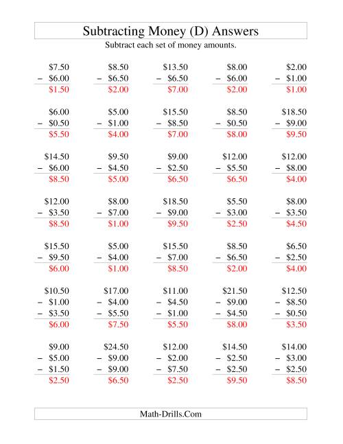 The Subtracting U.S. Money to $10 -- Increments of 50 Cents (D) Math Worksheet Page 2