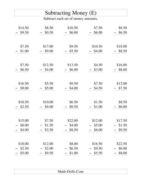 The Subtracting U.S. Money to $10 -- Increments of 50 Cents (E) Math Worksheet