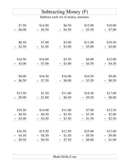 The Subtracting U.S. Money to $10 -- Increments of 50 Cents (F) Math Worksheet