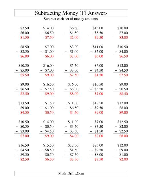The Subtracting U.S. Money to $10 -- Increments of 50 Cents (F) Math Worksheet Page 2