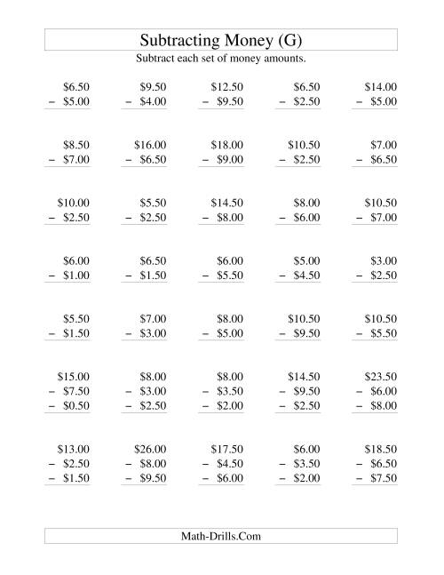 The Subtracting U.S. Money to $10 -- Increments of 50 Cents (G) Math Worksheet