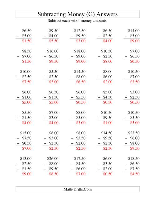 The Subtracting U.S. Money to $10 -- Increments of 50 Cents (G) Math Worksheet Page 2