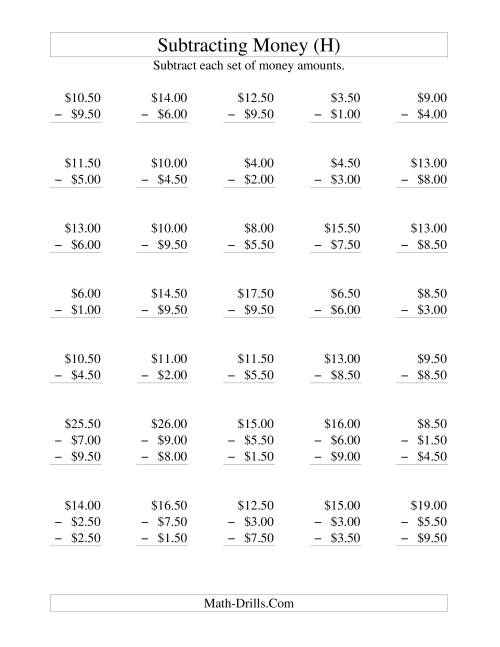The Subtracting U.S. Money to $10 -- Increments of 50 Cents (H) Math Worksheet