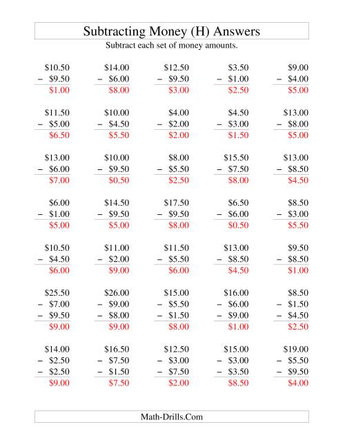 The Subtracting U.S. Money to $10 -- Increments of 50 Cents (H) Math Worksheet Page 2