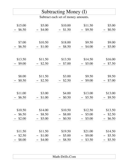 The Subtracting U.S. Money to $10 -- Increments of 50 Cents (I) Math Worksheet