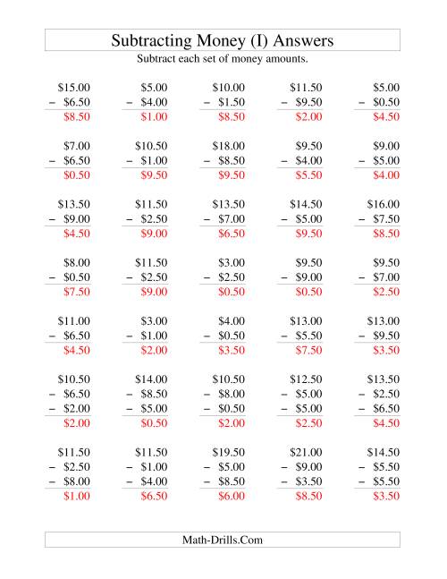 The Subtracting U.S. Money to $10 -- Increments of 50 Cents (I) Math Worksheet Page 2