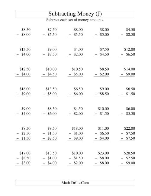The Subtracting U.S. Money to $10 -- Increments of 50 Cents (J) Math Worksheet
