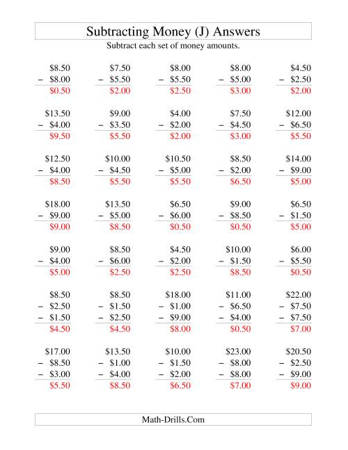 The Subtracting U.S. Money to $10 -- Increments of 50 Cents (J) Math Worksheet Page 2