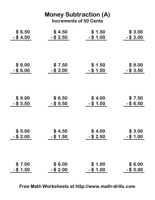 The Subtracting U.S. Money to $10 -- Increments of 50 Cents (Old) Math Worksheet