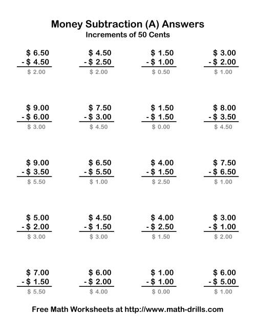 The Subtracting U.S. Money to $10 -- Increments of 50 Cents (Old) Math Worksheet Page 2