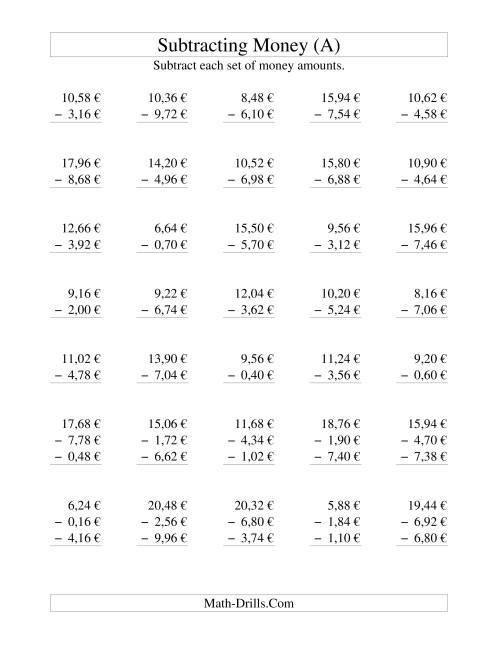 The Subtracting Euro Money to €10 -- Increments of 2 Euro Cents (A) Math Worksheet