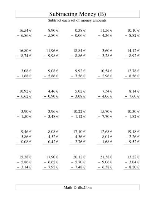 The Subtracting Euro Money to €10 -- Increments of 2 Euro Cents (B) Math Worksheet