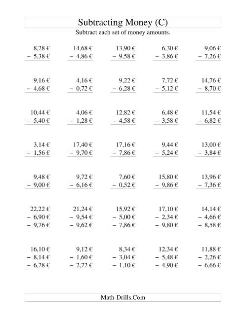 The Subtracting Euro Money to €10 -- Increments of 2 Euro Cents (C) Math Worksheet