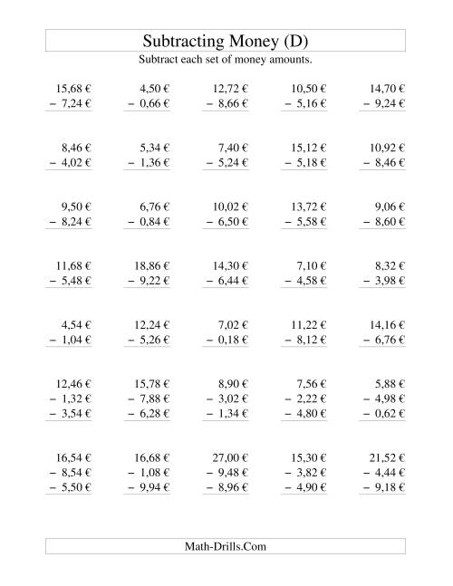 The Subtracting Euro Money to €10 -- Increments of 2 Euro Cents (D) Math Worksheet