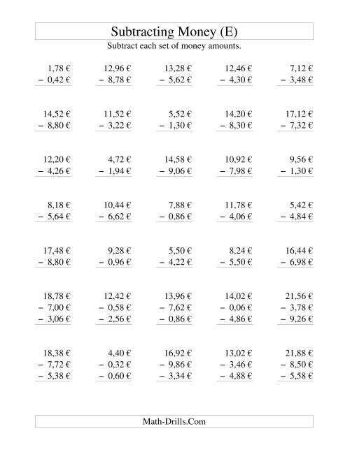 The Subtracting Euro Money to €10 -- Increments of 2 Euro Cents (E) Math Worksheet