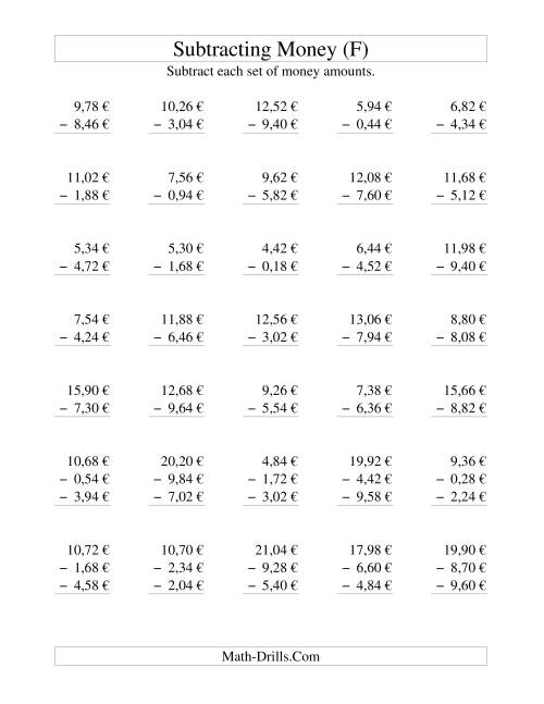 The Subtracting Euro Money to €10 -- Increments of 2 Euro Cents (F) Math Worksheet