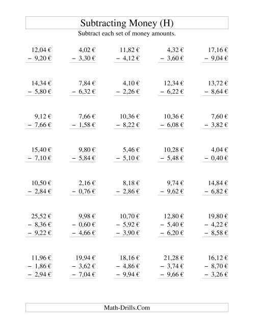 The Subtracting Euro Money to €10 -- Increments of 2 Euro Cents (H) Math Worksheet