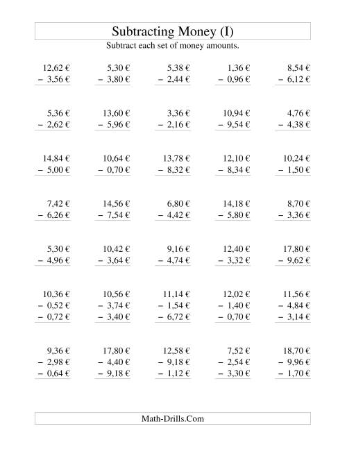 The Subtracting Euro Money to €10 -- Increments of 2 Euro Cents (I) Math Worksheet